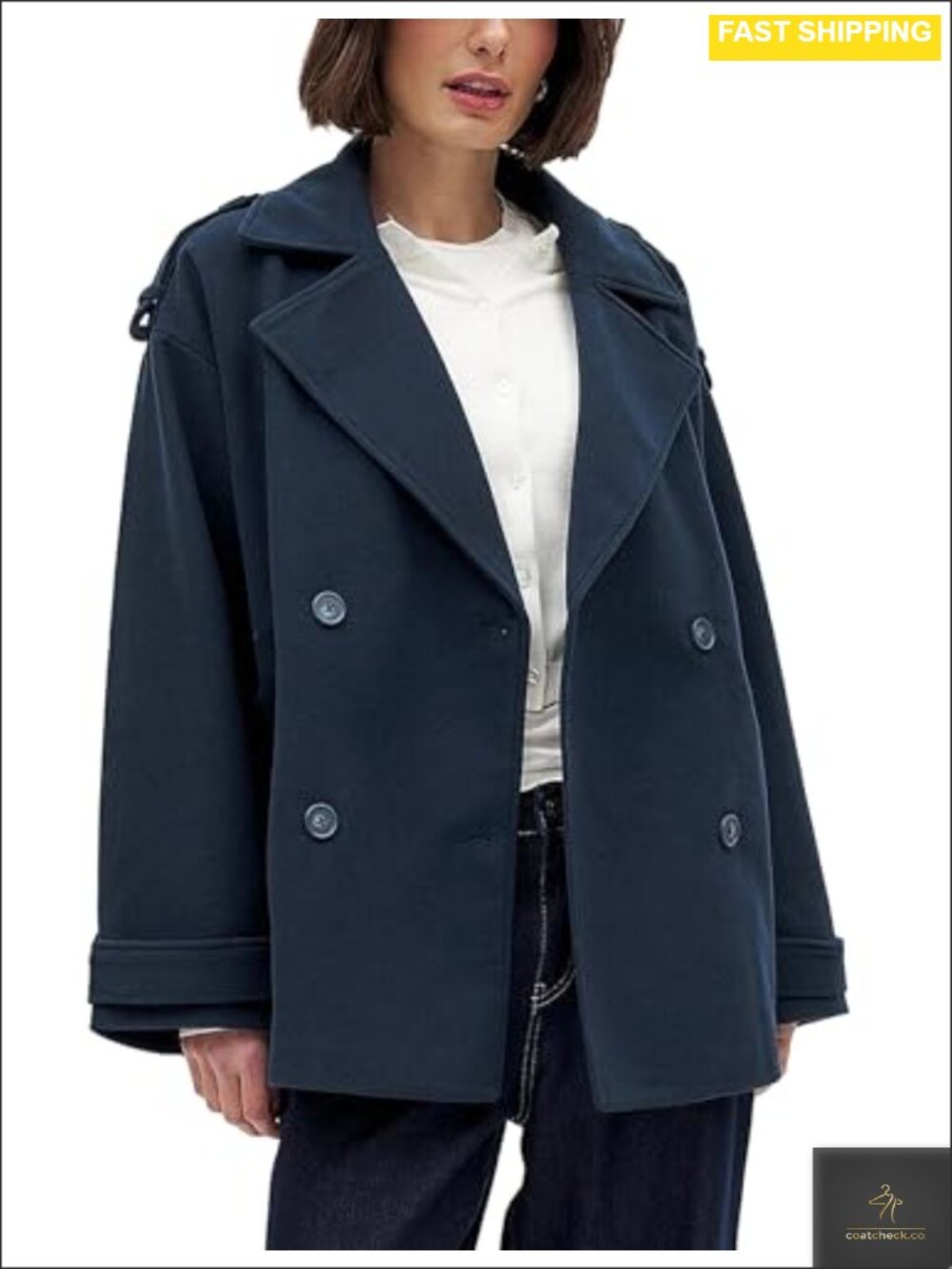 Oversized Double Breasted Short Peacoat Wool Blend Coat with Pockets